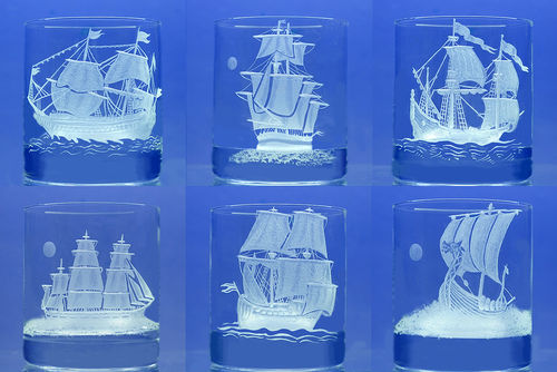 6 Whiskygläser mit historischen Segelschiffen